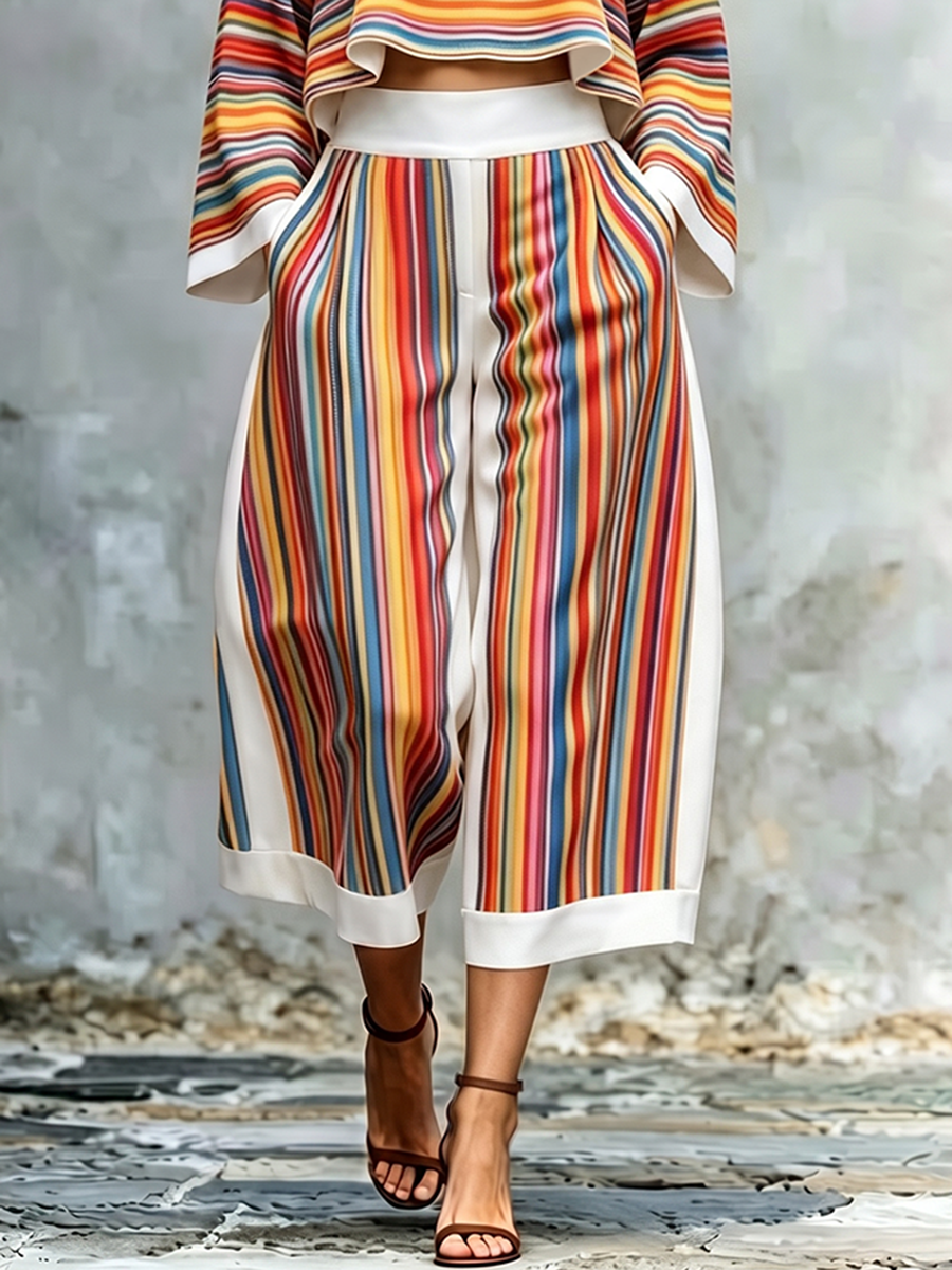 Striped Pockets Colorful Wide Leg Loose Cropped Trousers