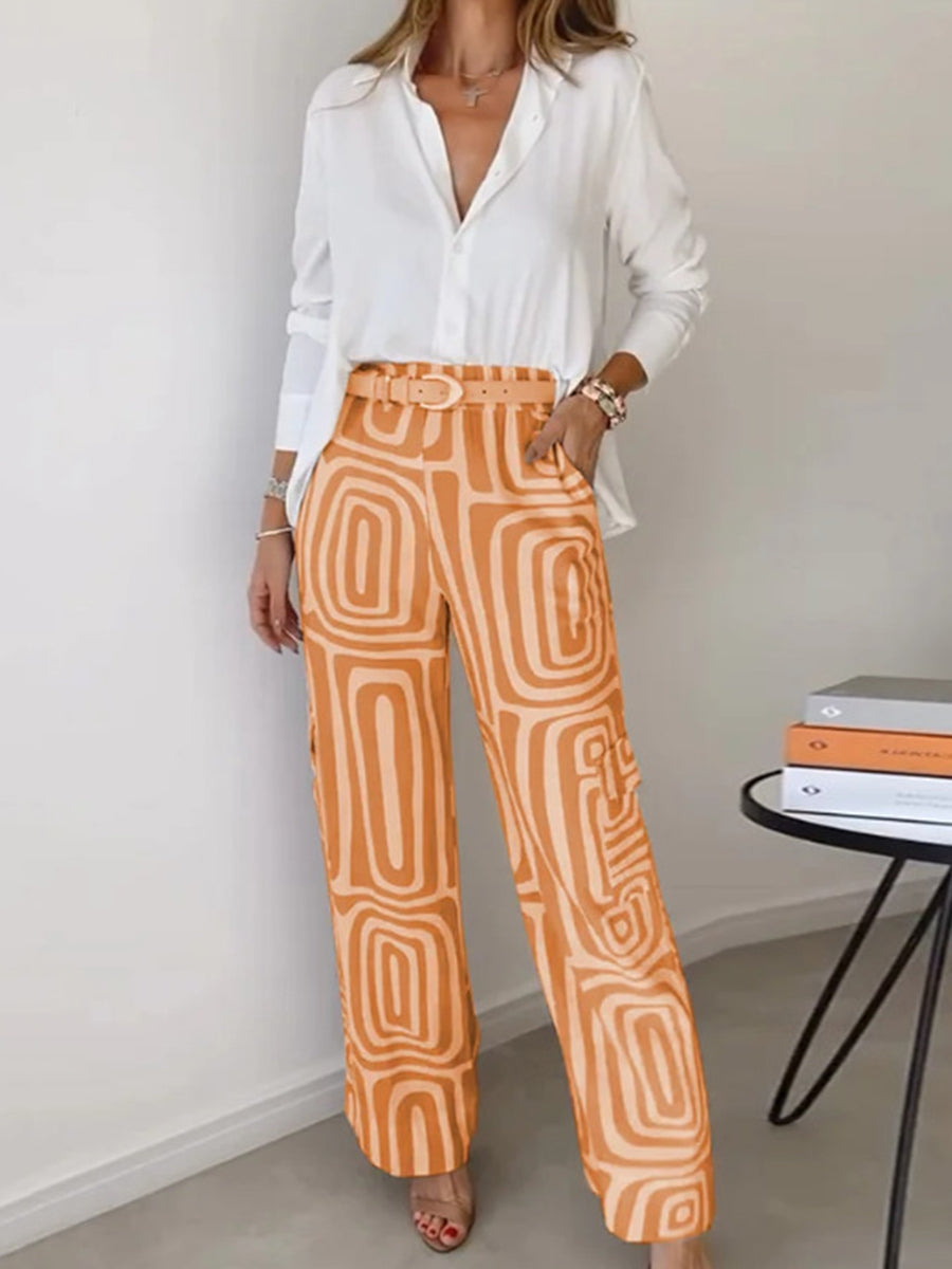 Long Sleeves Buttoned Solid Color Lapel Blouses&Shirts Tops + High Waisted Pockets Printed Pants Two Pieces Set