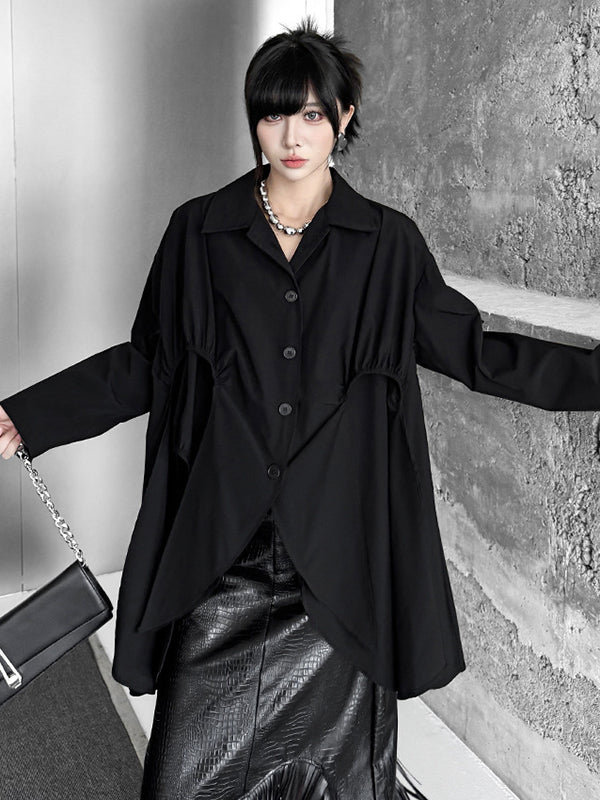High-Low Irregularity Buttoned Pleated Solid Color Split-Joint Shirt Collar Blouses&Shirts Tops
