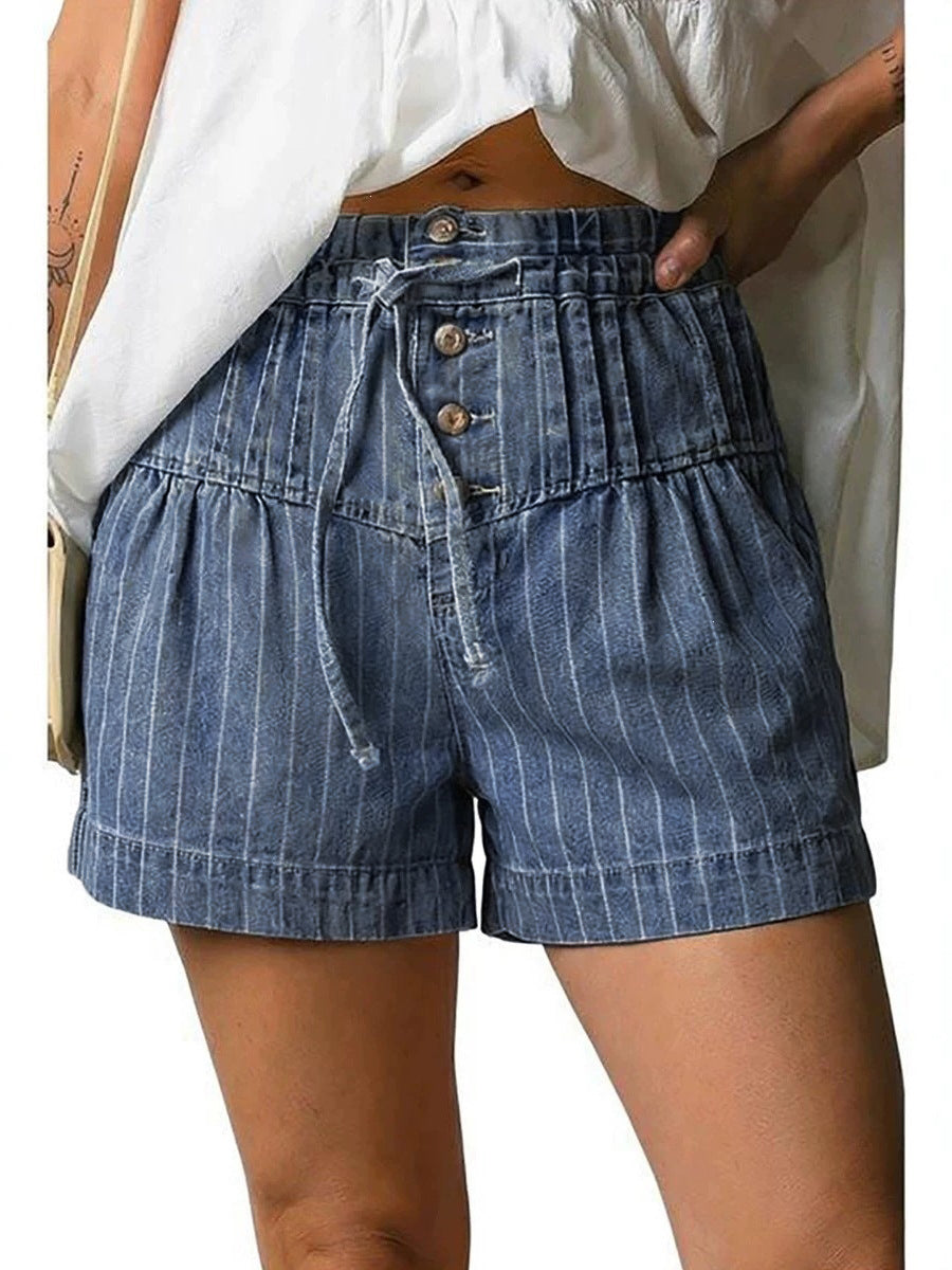 High Waisted Loose Buttoned Drawstring Elasticity Pockets Striped Shorts Bottoms
