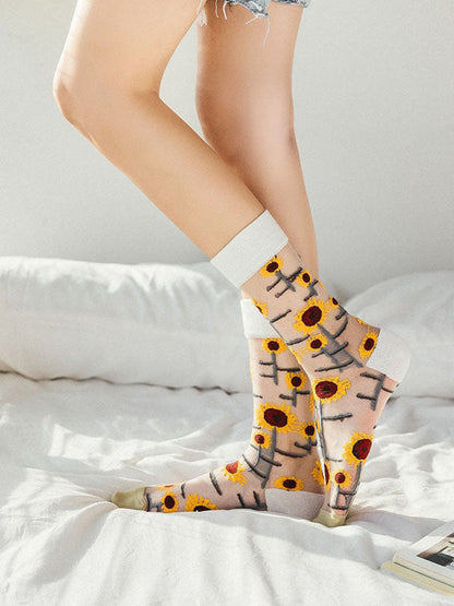 Breathable Flower Print See-Through Split-Joint Sweat-Absorbing Socks Accessories YELLOW One_size