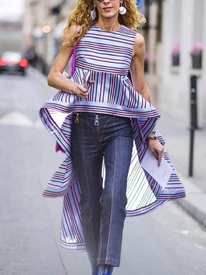 High-Low Loose Contrast Color Split-Joint Striped Round-Neck Vest Top