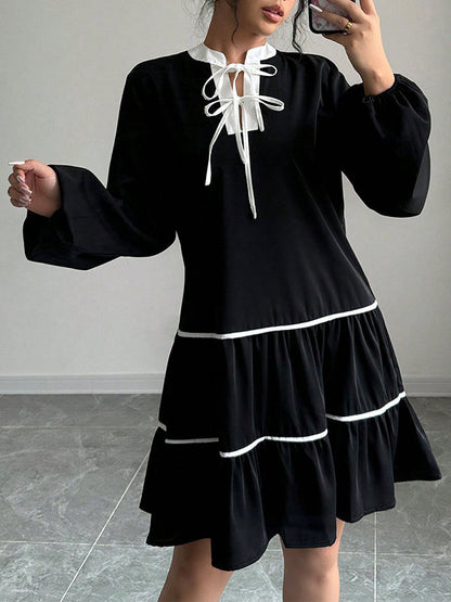 A-Line Long Sleeves Elasticity Pleated Tied V-Neck Mini Dresses