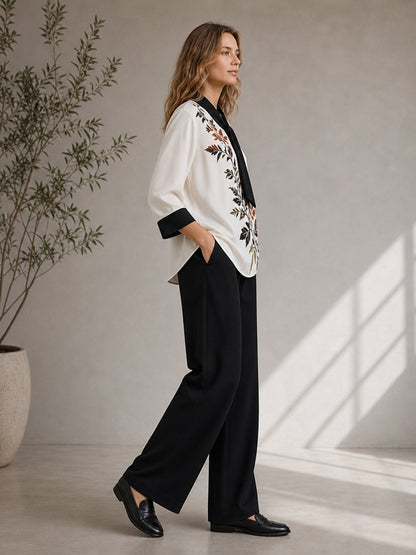 Tied Leaves Print Contrast Color Three-quarter Sleeves Round-neck Blouses&shirts Tops
