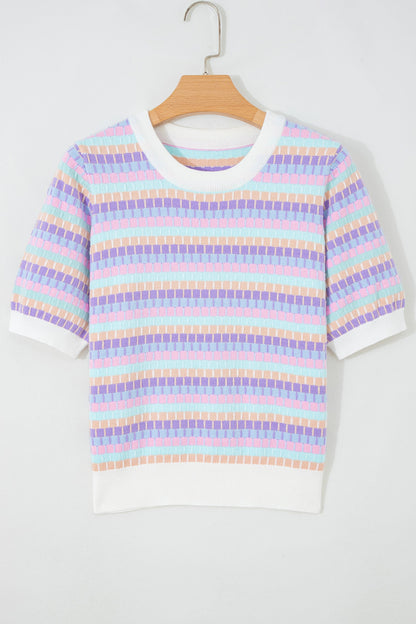 Rose Red Abstract Striped Knit Short Sleeve Sweater
