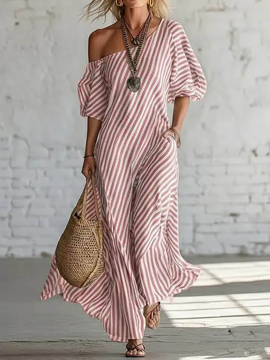 Loose Plus Size Pockets Striped One-Shoulder Maxi Dresses