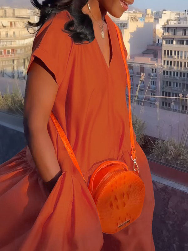 Robe longue ample à manches courtes et poches plissées, couleur unie, col en V fendu 