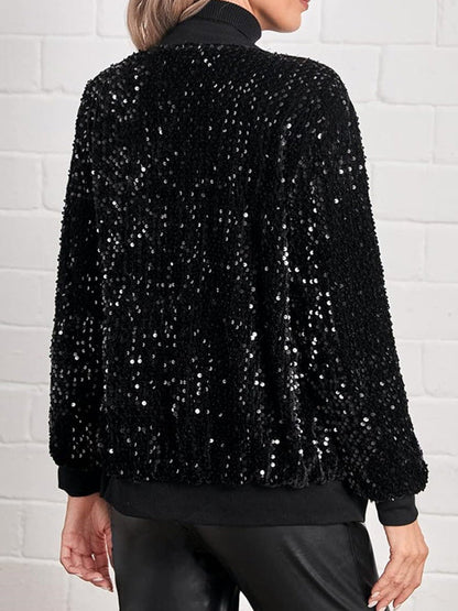 Long Sleeves Loose Sequined Solid Color Split-Joint Round-Neck Jackets Outerwear