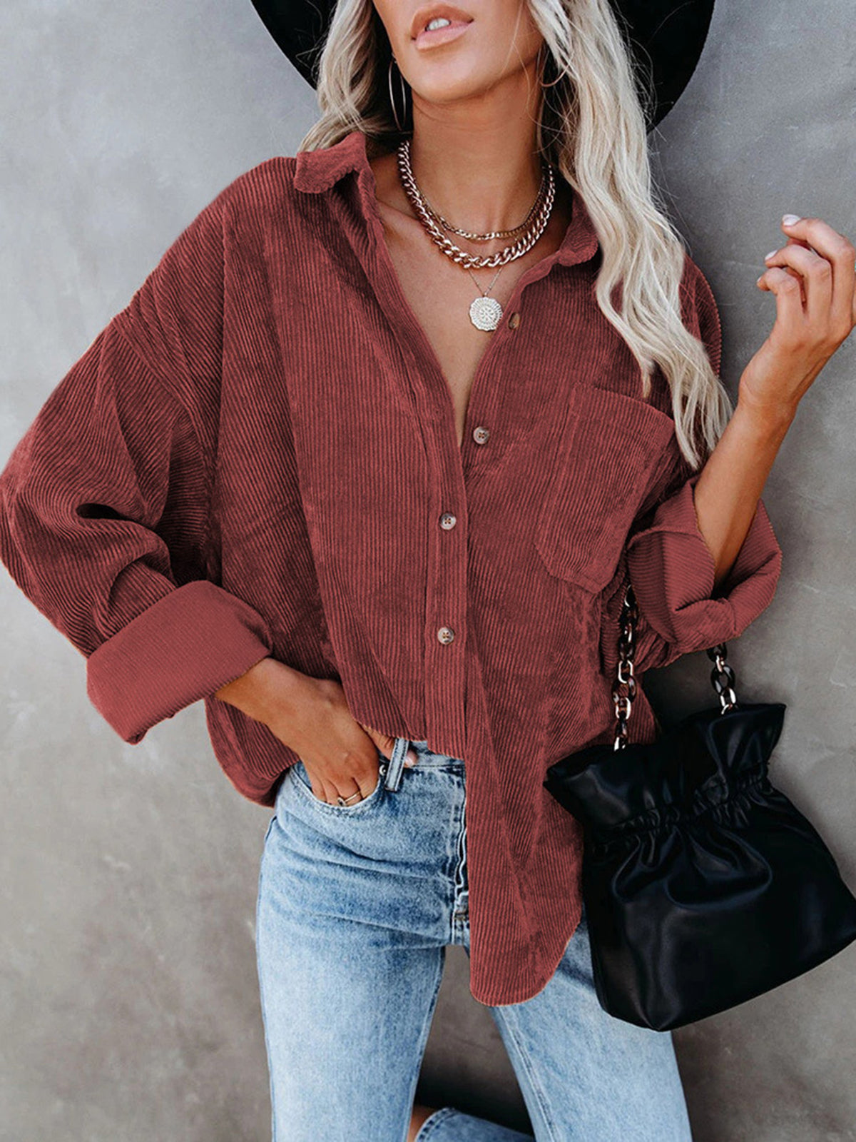 Split-Joint Solid Color Pockets Buttoned Long Sleeves Lapel Blouses&shirts Tops