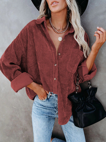 Split-Joint Solid Color Pockets Buttoned Long Sleeves Lapel Blouses&shirts Tops