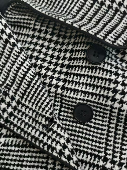 Long Sleeves Loose Asymmetric Houndstooth Plaid Stand Collar Jackets Outerwear