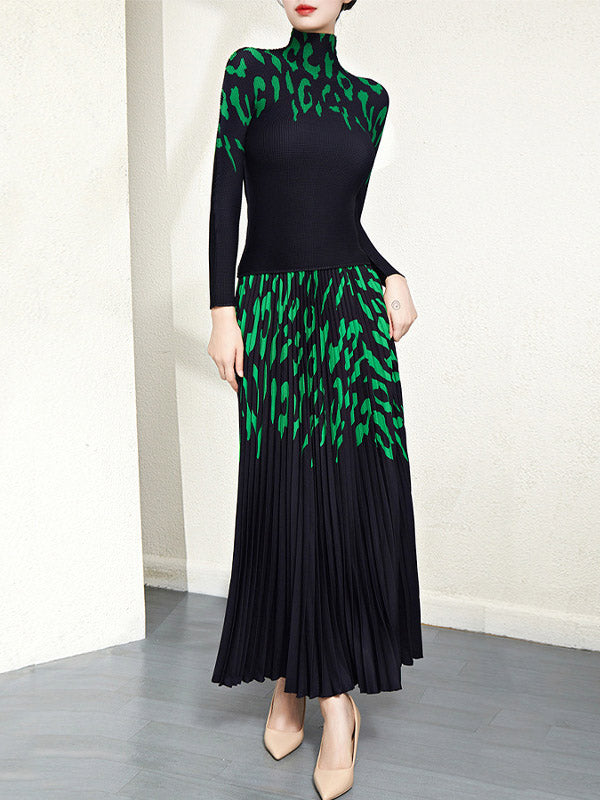 Long Sleeves Printed Mock Neck T-Shirt Top + Pleated A-Line Skirts Bottom Two Pieces Set