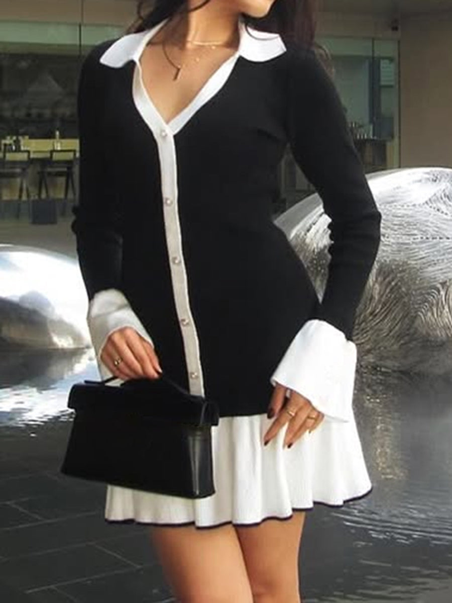 Split-Joint Ruffled Contrast Color Buttoned Long Sleeves High Waisted V-neck Mini Dresses