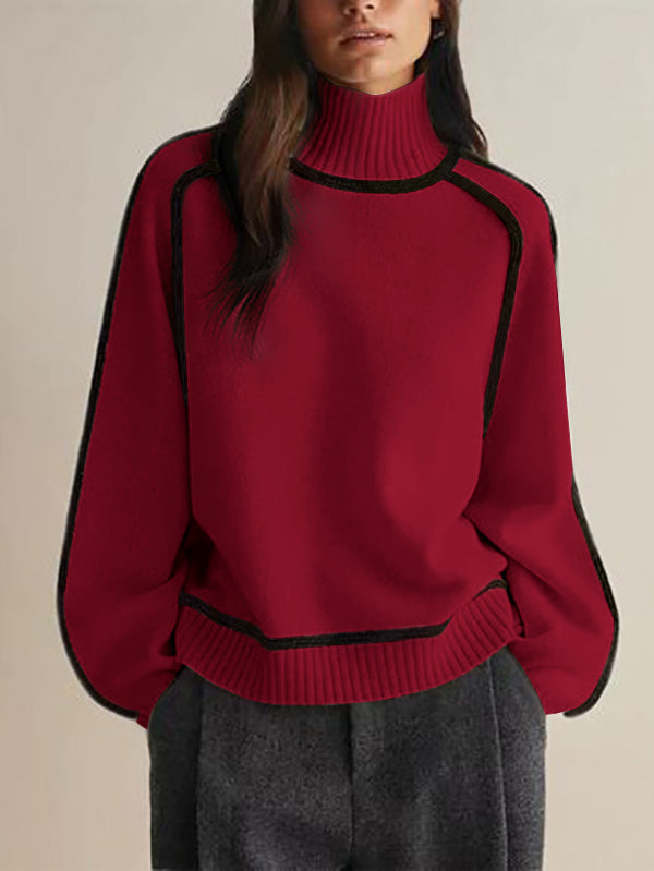 Long Sleeves Loose Contrast Color Split-Joint High Neck Pullovers Sweater Tops RED