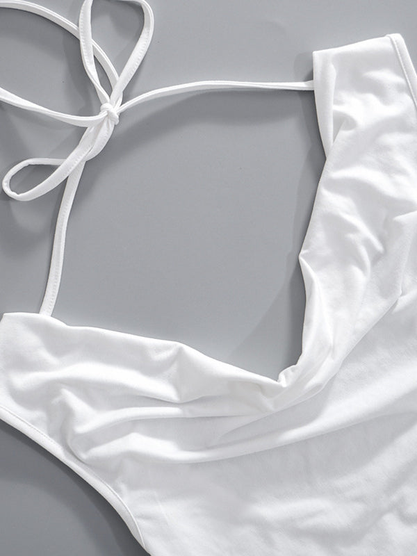 T-shirt ample, moulant, dos nu, à lacets, transparent, couleur unie, fendu, épaules dénudées 