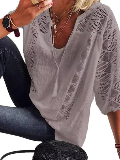 Loose Plus Size Drawstring Hollow Solid Color Split-Joint Tasseled V-Neck Blouses&Shirts Tops