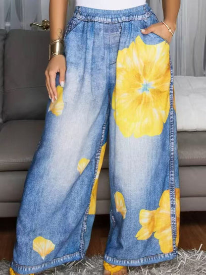 High Waisted Wide Leg Contrast Color Elasticity Flower Print Pockets Jean Pants Bottoms