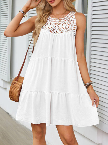 A-Linie Locker Hohl Plissee Einfarbig Split-Joint Rundhals Minikleider 