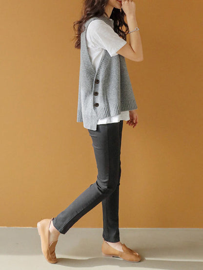 Simple Sleeveless Loose Buttoned Solid Color Round-Neck Sweater Vest Outerwear