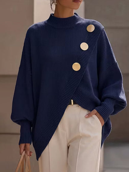 Solid Color Ribbed Buttoned Asymmetric Loose Long Sleeves Mock Neck Sweater Tops Pullovers