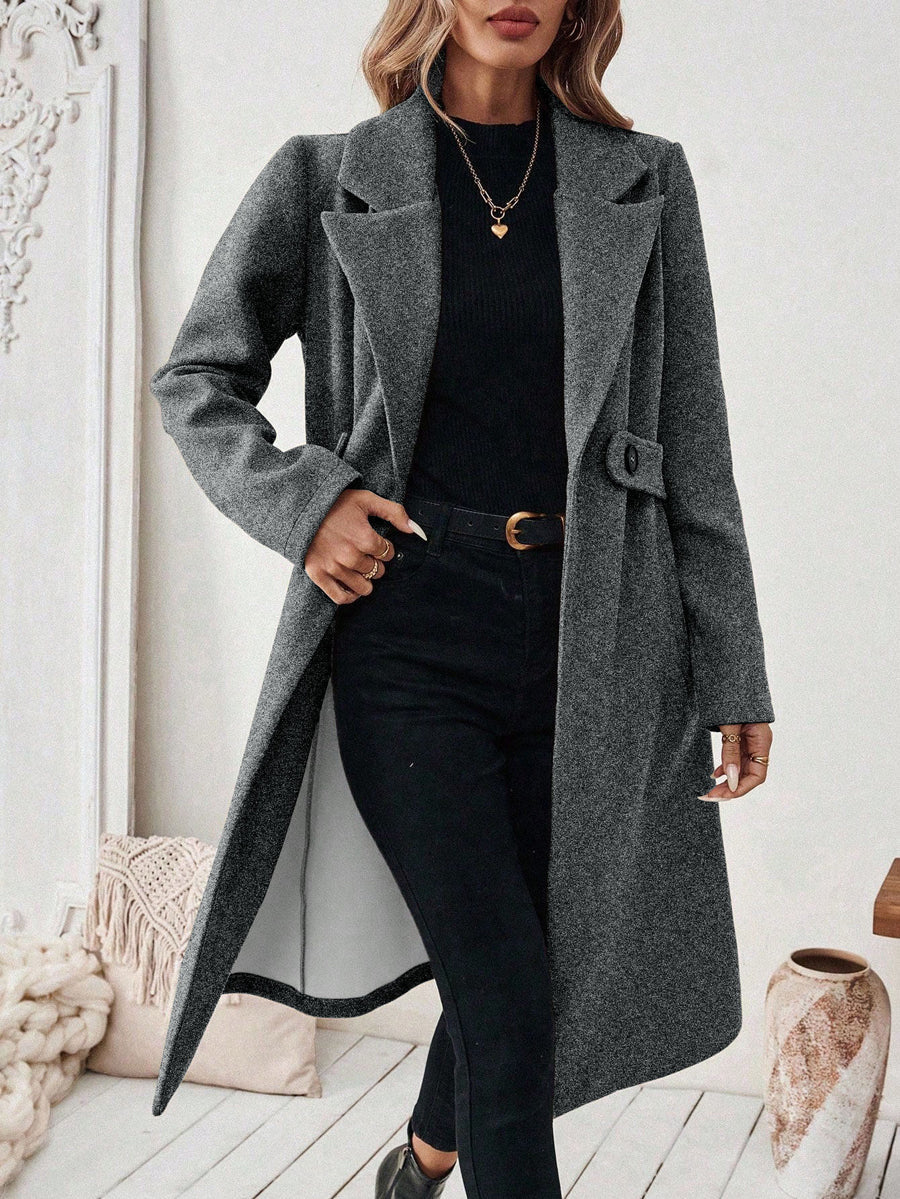 Solid Color Pockets Buttoned Loose Long Sleeves Notched Collar Woolen Coat