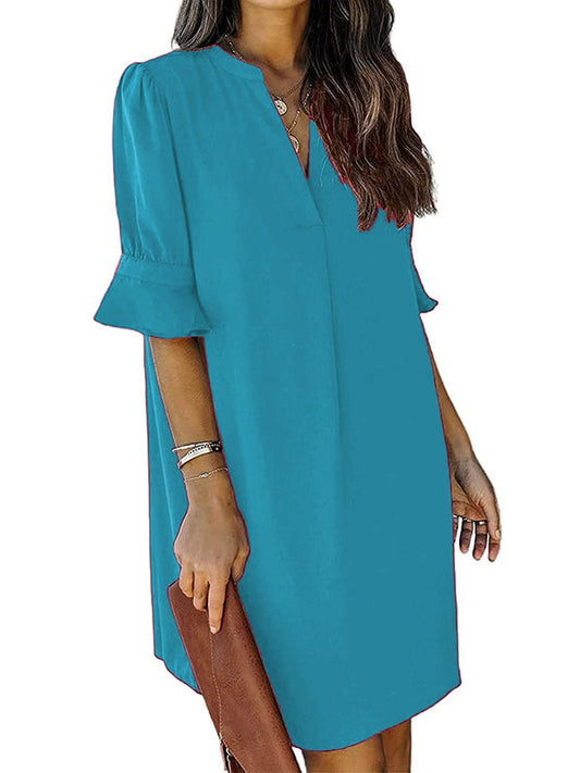 A-Line Flared Sleeves Pleated Ruffled Solid Color Split-Joint V-Neck Mini Dresses