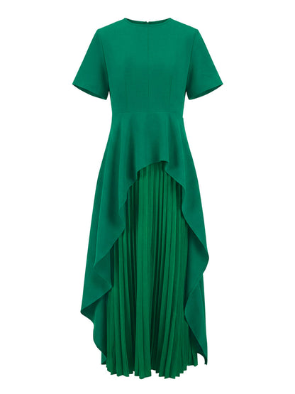 Split-Joint Solid Color Pleated Short Sleeves Loose Round-Neck Maxi Dresses