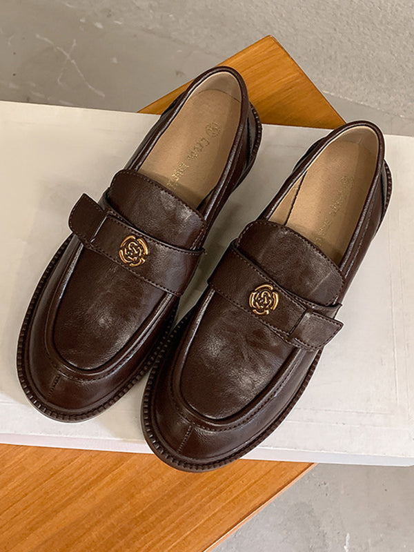Belt Buckle Round-Toe Split-Joint Loafers