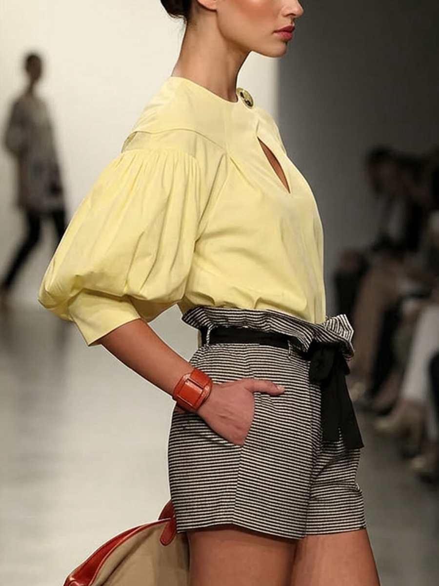 Half Sleeves Puff Sleeves Buttoned Hollow Solid Color Split-Joint Round-Neck Blouses&Shirts Tops