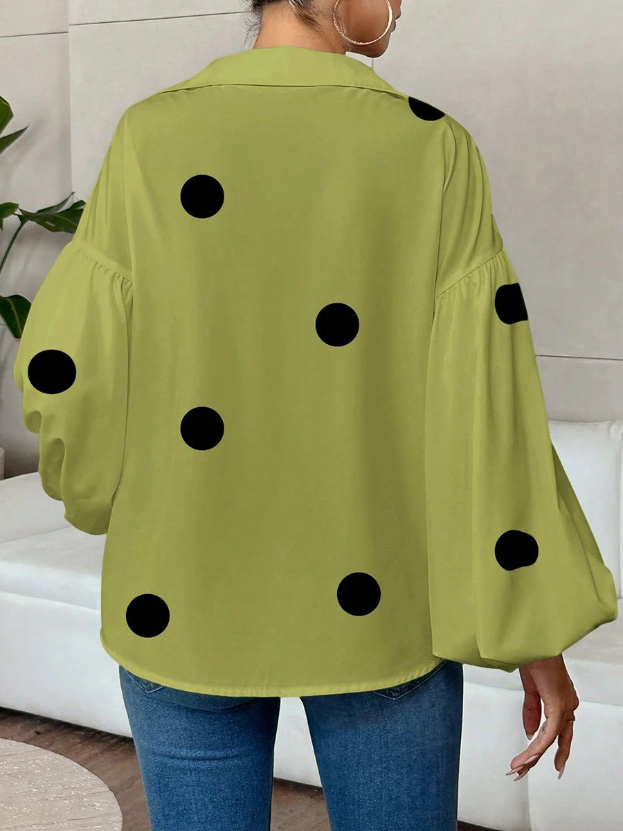 Long Sleeves Loose Contrast Color Pleated Polka Dot Split-Joint Lapel Blouses&Shirts Tops