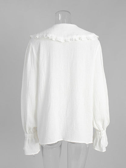 Long Sleeves Ruffled See-Through Split-Joint Peter Pan Collar Blouses&Shirts Tops
