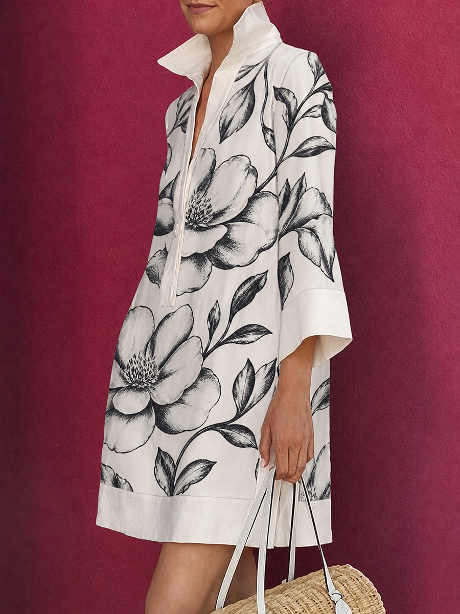 Flower Print Buttoned Three-quarter Sleeves Loose Stand Collar Mini Dresses