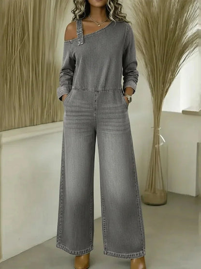 Long Sleeves Wide Leg Asymmetric Buckle Pockets Split-Joint Zipper One-Shoulder Jumpsuits