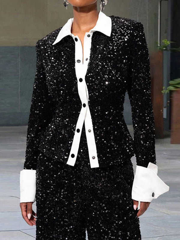 Long Sleeves Loose Contrast Color Sequined Split-Joint Lapel Blouses&Shirts Tops