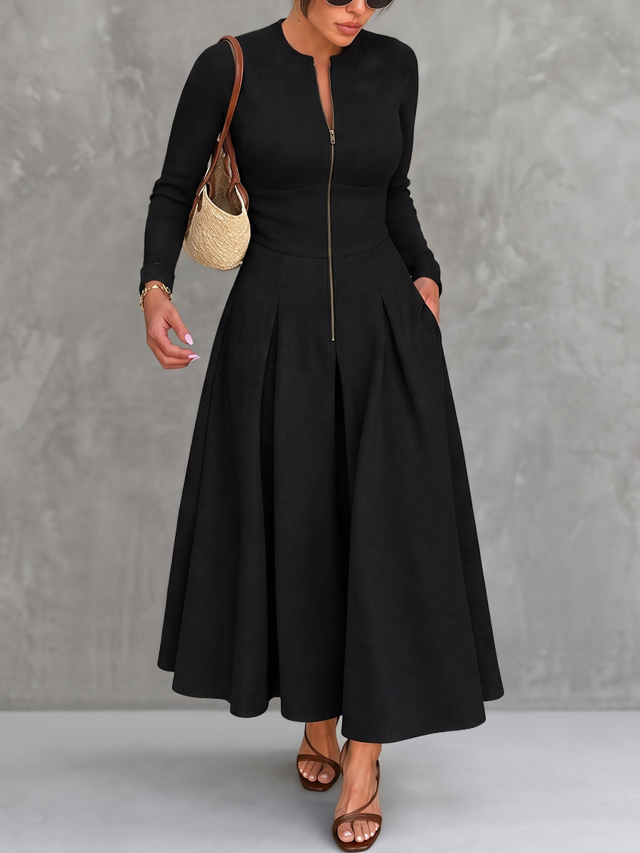 Zipper Solid Color Pockets Long Sleeves High Waisted Round-neck Maxi Dresses