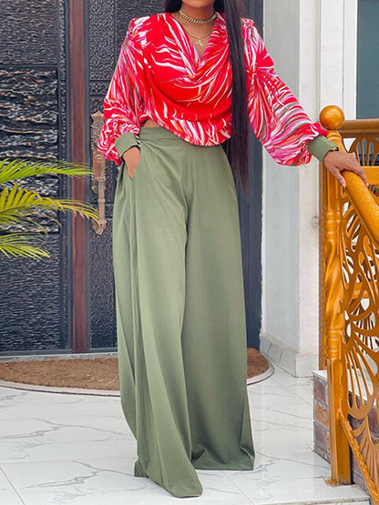 Long Sleeves Printed Heaps Collar Shirts Top + High Waisted Pants Bottom Two Pieces Set