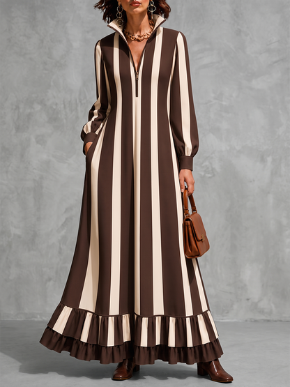 Zipper Striped Ruffled Pockets Contrast Color Loose Long Sleeves Stand Collar Maxi Dresses