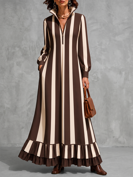 Zipper Striped Ruffled Pockets Contrast Color Loose Long Sleeves Stand Collar Maxi Dresses