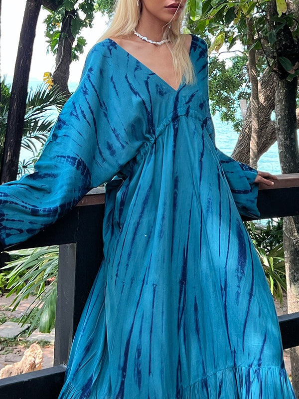 Loose Raglan Sleeve Printed Split-Joint V-Neck Maxi Dresses