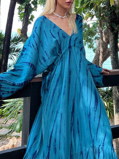 Loose Raglan Sleeve Printed Split-Joint V-Neck Maxi Dresses