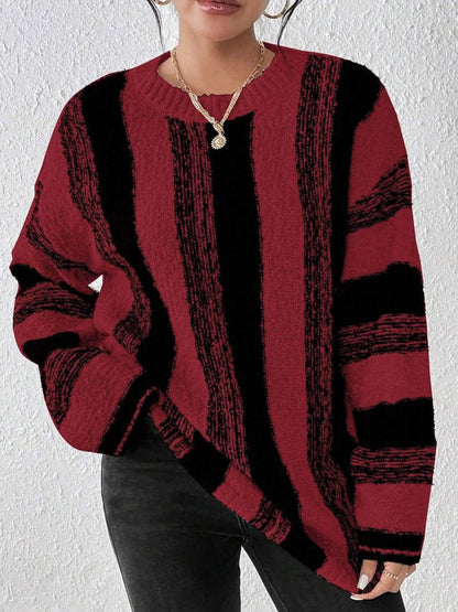 Striped Loose Long Sleeves Round-neck Sweater Tops Pullovers
