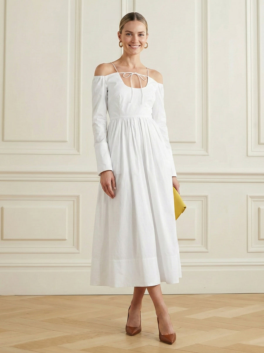 A-Line Elasticated Waist Adjustable Pleated Solid Color Split-Joint Boat Neck Maxi Dresses