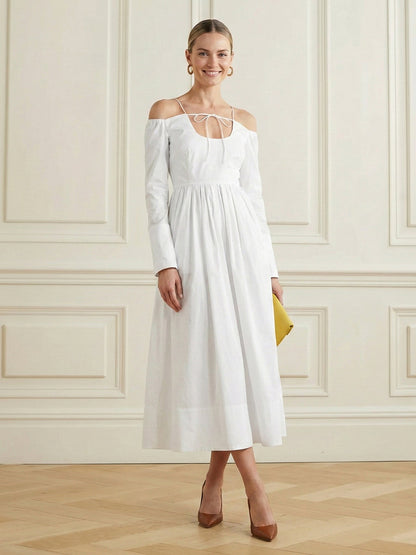 A-Line Elasticated Waist Adjustable Pleated Solid Color Split-Joint Boat Neck Maxi Dresses