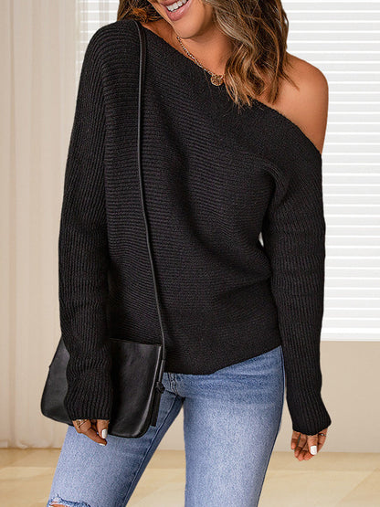 Long Sleeves Loose Asymmetric Solid Color One-Shoulder Pullovers Sweater Tops