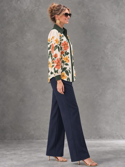 Split-Joint Flower Print Contrast Color Buttoned Long Sleeves Lapel Blouses&shirts Tops