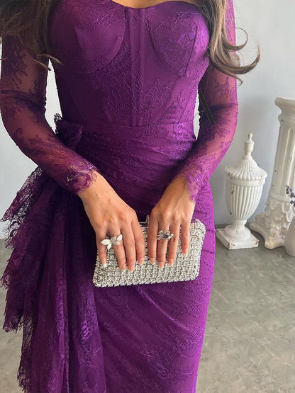 Robe de soirée longue à manches longues et col carré, en maille sirène transparente et fendue sur les côtés 