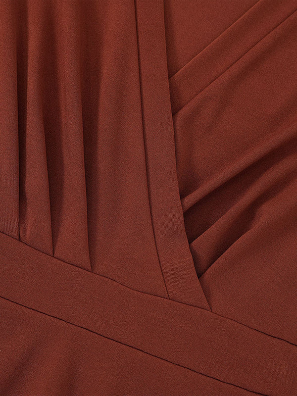 A-Line Long Sleeves Gauze Pleated Split-Joint V-Neck Midi Dresses