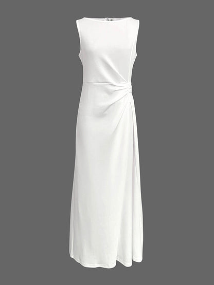 Sleeveless Gauze Pleated Solid Color Split-Joint Round-Neck Evening Dresses Maxi Dresses