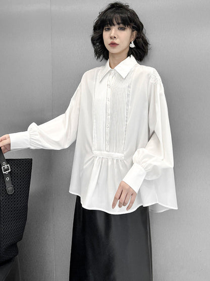 Long Sleeves Loose Buttoned Pleated Solid Color Polo Blouses&Shirts Tops