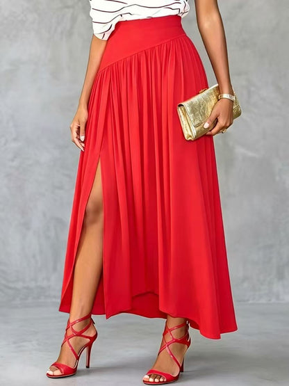 A-Line High Waisted Pleated Solid Color Split-Side Skirts Bottoms